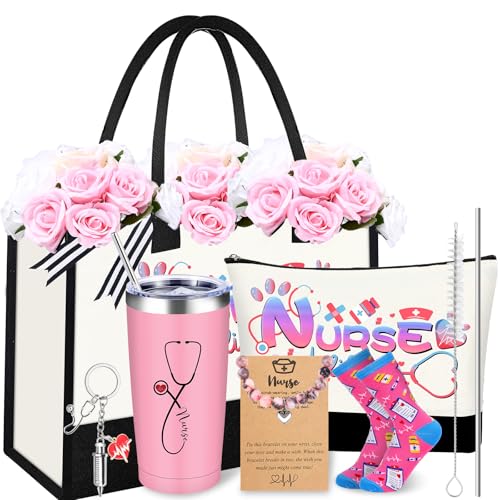 Nurse Gifts for Women Nurses Graduation Week 2025 Gift Set Nurse Funny Practitioner Appreciation Gifts for Women Gift Box for Nurses Canvas Tote Bag Cosmetic Bag Socks Wine Cup Keychain Bracelets