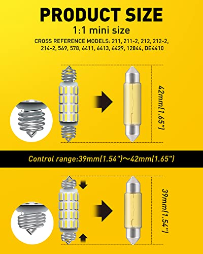 Image of AUXITO 578 LED Bulb 211-2 212-2 Light Bulb 39 41 42MM Interior Lights 6500K White Super Bright 4014 SMD Festoon Error Free for Car Truck LED Dome Map Door License Plate Courtesy Parking Lights, 2 Pack