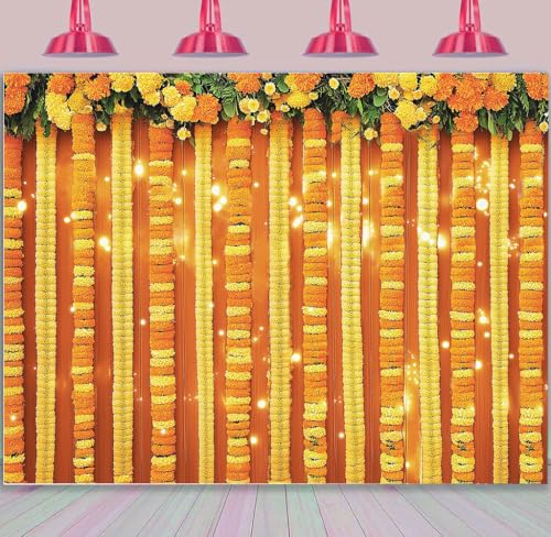 Image of 7x5FT Indian Pooja Backdrop, Yellow Flowers Curtain Traditional Chatiya Navratri Ganpati Ganesh Marigold Photography Background, Festival Wedding Party Decoration