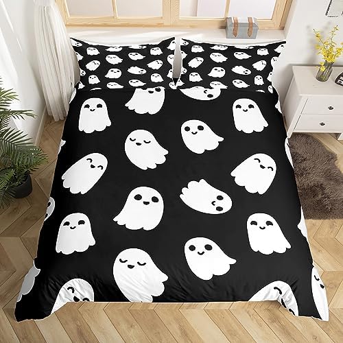 Cute Cartoon Ghost Duvet Cover Halloween Theme Bedding Set Lovely Black White Comforter Cover(No Filler) for Boys Girls Kids Room Decor Bedding Set Twin Size with 1 Pillowcase
