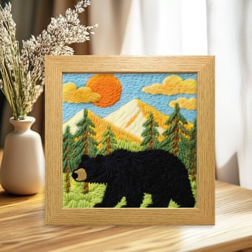 Image of BEUNITONE Bear and Nature Style Punch Needle Kit for Beginners 9.4 inchx9.4 inch | Starter Embroidery Kits with Frame, Needle Felting Kit Poke Art for Adults DIY Handmade Craft for Coasters, Home Decor