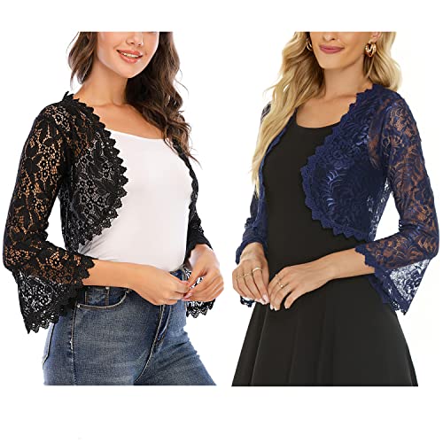 Bolero Fiesta Encaje Boda Chaqueta Corta Manga Larga Mujer Cárdigan Corto Torera Elegante para Verano Primavera Negro+Marina B S Cover
