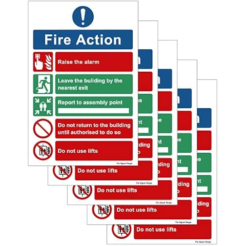 Pack of 5 safety signs - 140mm wide x 210mm deep self adhesive vinyl Fire Action safety sign (for use where there are lifts on the premises) Cover