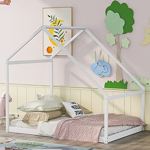 Harper&Bright Designs House Bed Full Size for Kids ,Wooden House Floor Bed, Simplistic Kids House Full Bed Frame for Toddlers, Girls, Boys ,Box Spring Needed,White