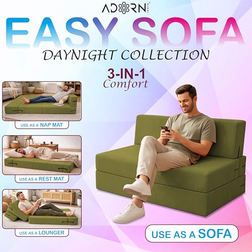 Image of Adorn India Easy 3 Seater Sofa Cum Bed | Velvet Fabric | Light Green | Plain Design | 6x5 Ft | Comfortable Seating | Washable Cover | Perfect for Home & Office