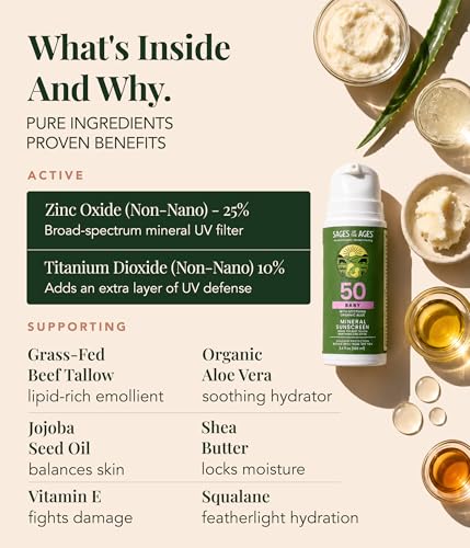 Image of Mineral Baby Sunscreen SPF 50 with Beef Tallow for Face & Body, No White Cast, Non-Nano Zinc Oxide, UVA /UVB Protection, Fragrance Free, Reef Safe, 80 Min Water Resistant, 3.4 fl oz