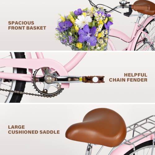 Image of WEIZE Beach Cruiser Bike, 24 26 inch Commuter Bicycle for Adult Men and Women, Front & Rear Fenders, Comfortable City Bikes with Rear Rack&Basket, Ergonomic Upright Design