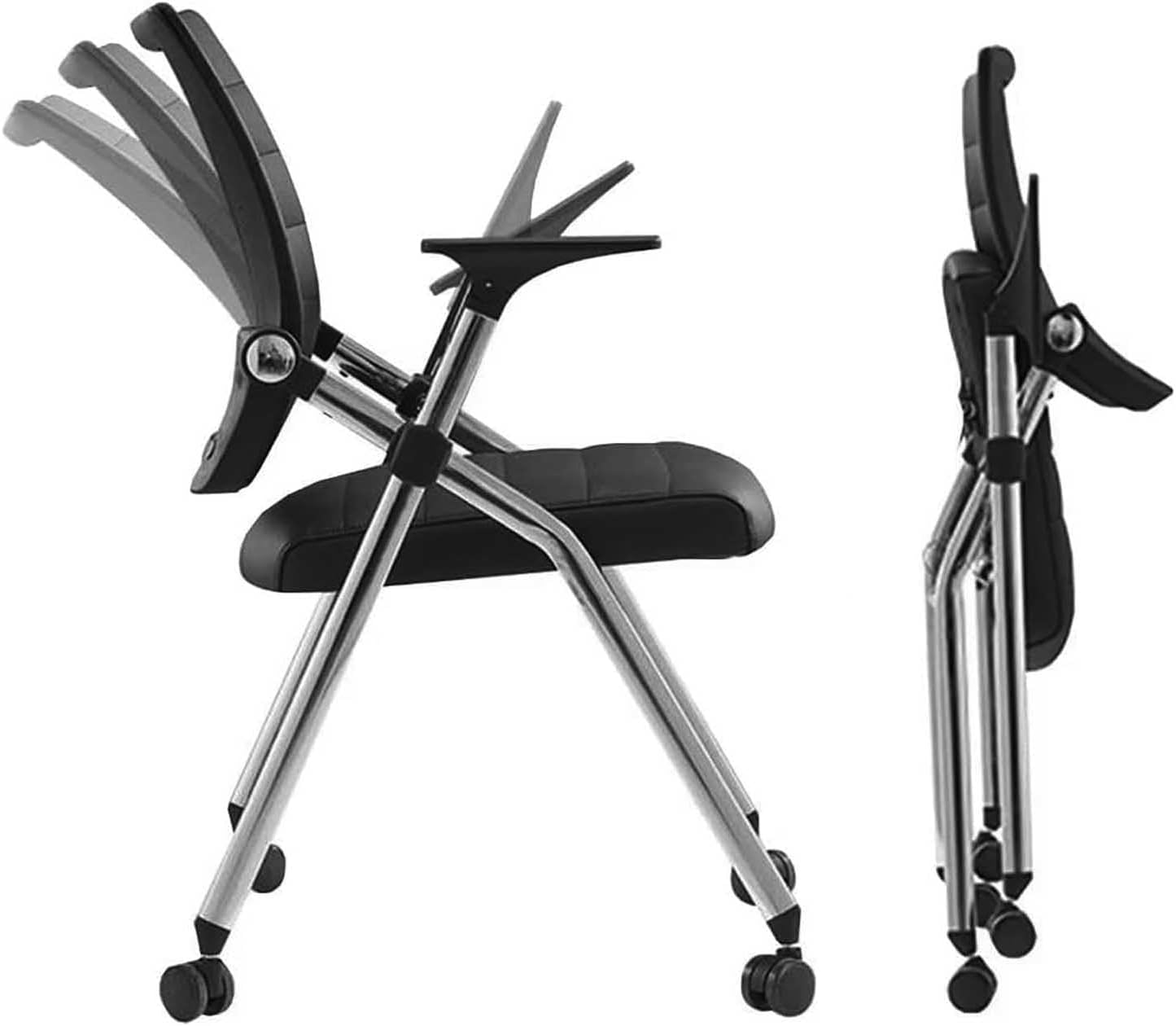 Foldable Office Chair,Folding Office Chair with Wheels, Leather Conference Training Chairs,Portable Padded Office Chairs. Backrest Bouncy,for Home Office Conference Gaming.Black(1 Pcs)