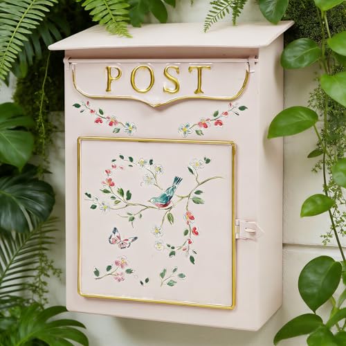 Image of Mailbox Wall Mount Mailboxes for Outside Vintage Mail Boxes for House Outside Metal Drop Box Antique Style Nostalgic Charm Home Decorative, Flower Pattern, Pink
