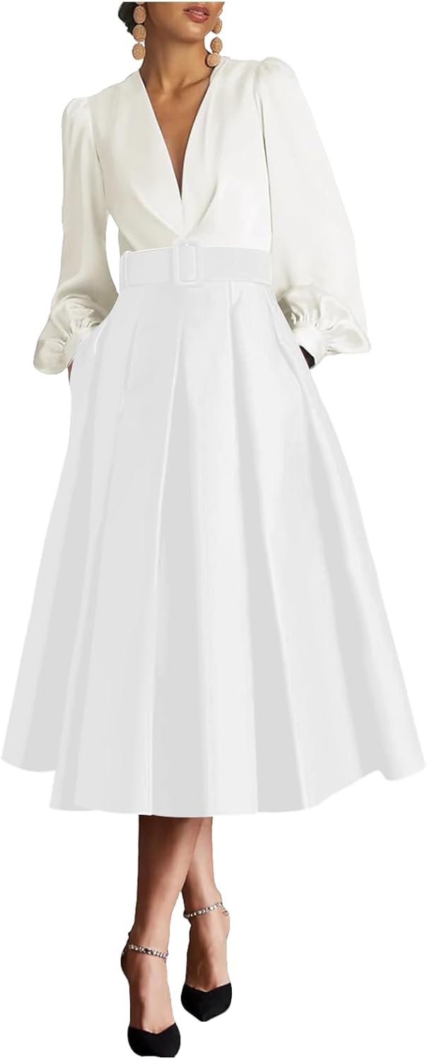 Satin Tea Length Prom Dresses for Women Long Sleeves Elegant Evening Gown A Line Wedding Guest Dress with Pockte