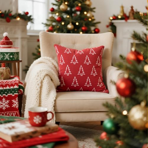 Image of Christmas Chenille Pillow Covers 20x20 Set of 2, Reversible Snowflake & Tree Design, Cozy Farmhouse Holiday Throw Pillowcases with Hidden Zipper for Sofa, Couch and Bed(Red,20x20)