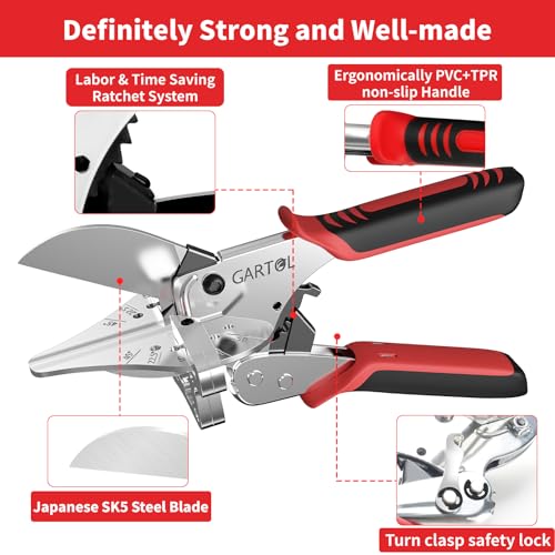 Image of GARTOL Ratchet Miter Shears 22.5-135 Adjustable; Precision Angle Cutter with Spare SK5 Blade for Quarter Round, Shoe Molding, PVC, MDF & Soft Wood; Labor-Saving Trim Tool with Safety Lock