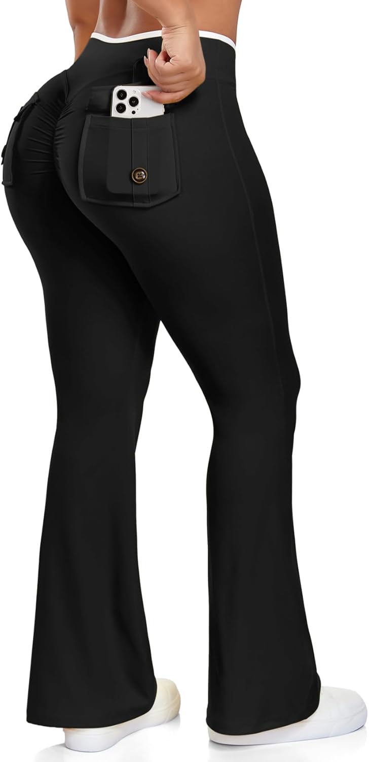 SEASUM V Wasist Flare Leggings with Pockets for Women White Trim Scrunch Workout Leggings Butt Lifting Gym Yoga Pants