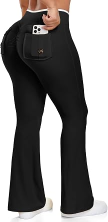 SEASUM V Wasist Flare Leggings with Pockets for Women White Trim Scrunch Workout Leggings Butt Lifting Gym Yoga Pants