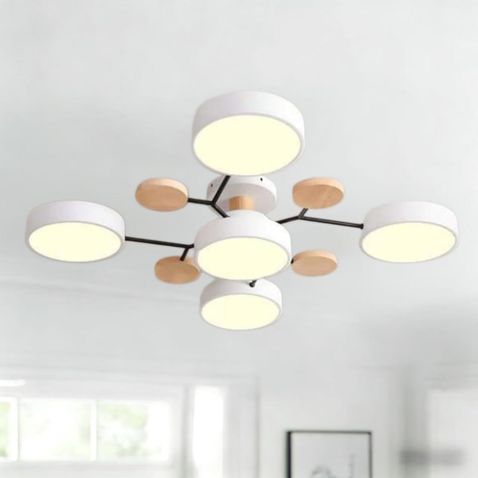 Ceiling Light, Modern Semi Flush Mount Ceiling Light, Nordic Wood Chandelier with Circular Acrylic LED Shade for Living Room, Bedroom, Dining Room Requires Assembly (White, 5 Heads, White Light)