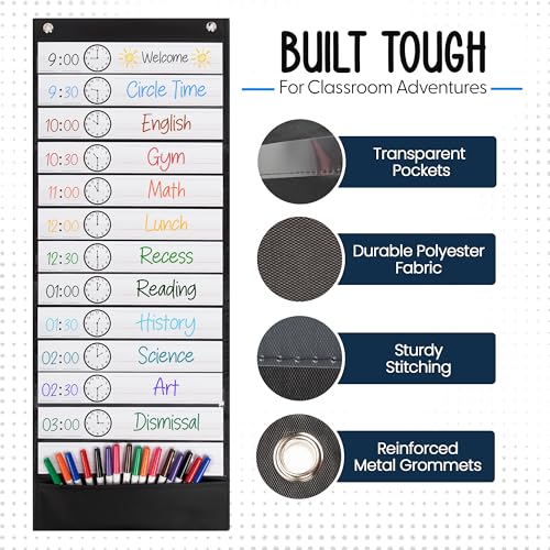 Essex Wares - 13 Pocket Daily Schedule Pocket Chart, Ultra-Durable Visual Schedule for Kids - Easy to Use, Reusable Daily Schedule for Kids - Reversible Chart for Sentence Strips - Image 5