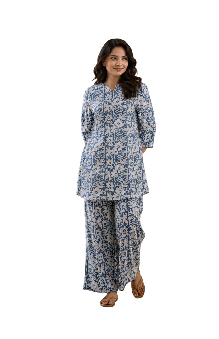 Chic Sky Blue Floral Print Pure Cotton Nightsuit Set for Women | V-Notch Neck Short Tunic Top, 3/4 Sleeves & Wide-Leg Trousers | Soft Breathable Cotton Loungewear Co-Ord Set 1-picture-10