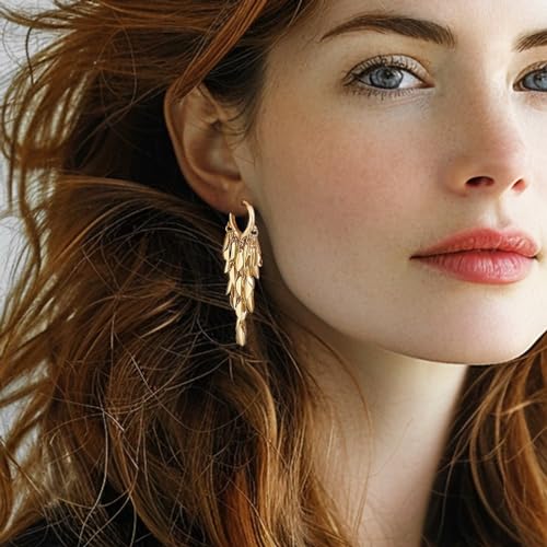 18K Gold Plated Leaf Hoop Earrings for Women, Long Tassel Dangle Drop Earrings, Chunky Gold Chandelier Earrings2