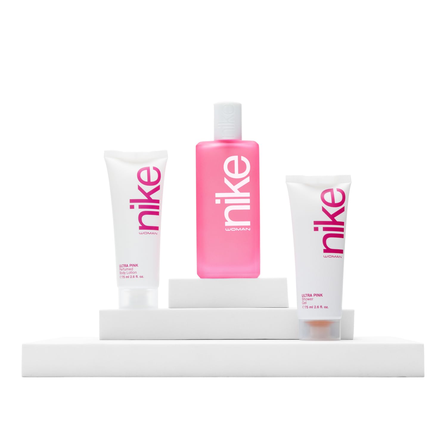 NIKE - Cologne Ultra Pink 100 ml + Crème Corps 75 ml + Gel Bain 75 ml, Coffret Femme, Eau de Toilette Naturelle et Féminine, Arôme Oriental Gourmand, Parfum Frais, Insoumis et Longue Tenue