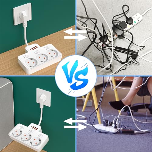 LEHOTPIA Steckdosenleiste mit USB, 3 Fach Mehrfachsteckdose Mit Einzelschalte Mehrfachsteckdose Mit 3 USB & 1 Type-C (5V 2,1A) für Küche Wohnzimmer Schlafzimmer(schwarz) 4