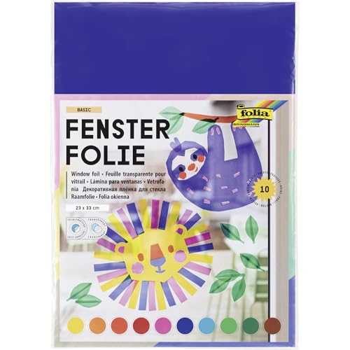 folia 455409 - Fensterfolie, selbsthaftend, transparent, farbig sortiert, ca. 23 x 33cm, 10 Blatt - ideal zur Gestaltung von Fensterbildern