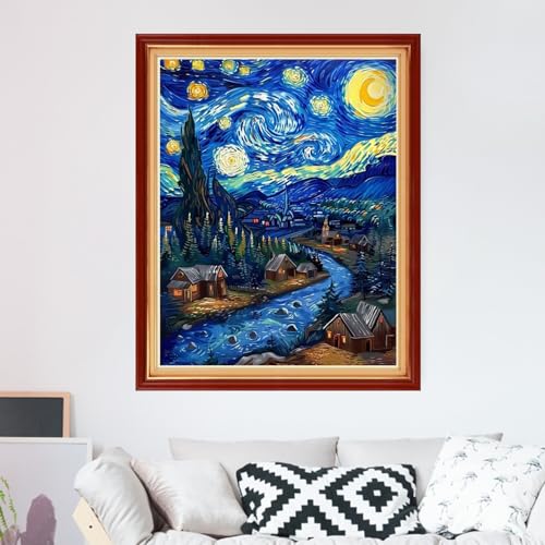 Image of Foxdiviy Stamped Cross Stitch Kits for Beginners Full Range of Cross Stitching 11 CT Printed Cross Stitch Kits for Adults Cross Stitch Patterns Needlepoint Kits-Van Gogh's Star River 16x20 inch
