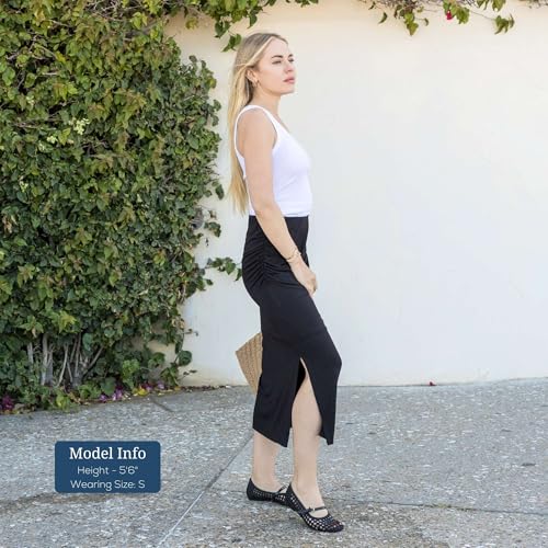 Azules Women's Midi Skirt - Stretchy Jersey Knit Bodycon Skirt with Slit - Pull On Fitted Ruched Midi Skirt3