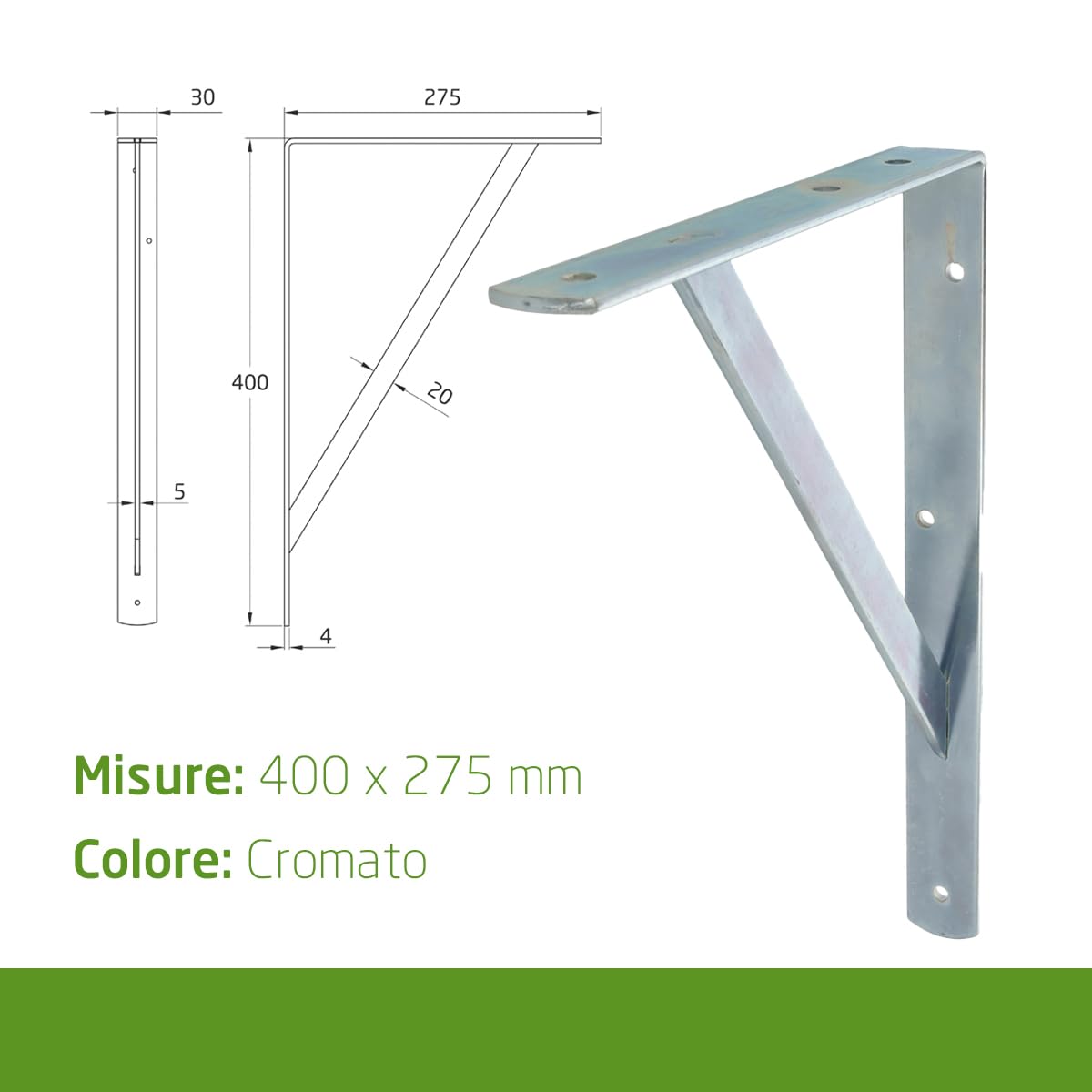Amig - Staffa mensola - Set 4 staffe per mensole - Alta resistenza fino a 225 kg - 400 x 275 mm - Acciaio - Argento