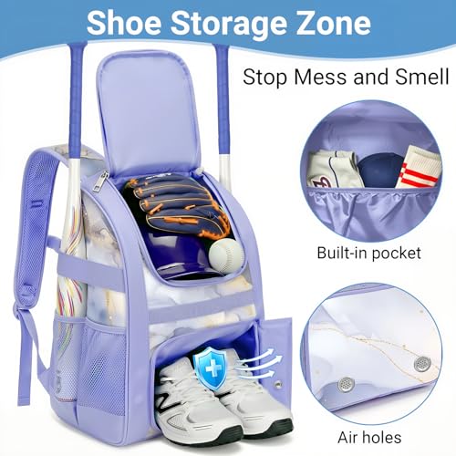 Image of Youth Baseball Bag - Softball Bag for Girls & Boys with Shoes Compartment, Bat Backpack for Baseball, T-Ball & Softball Equipment
