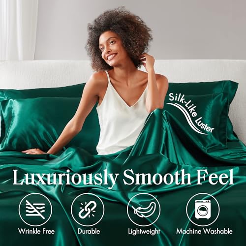 Image of Madison Park Essentials Satin Sheets Queen Size Bed Set, 6 Piece, Emerald | Luxury and Smooth Silky Bedding with Natural Sheen, All Around Elastic 14 inch Pocket fits up to 16 inch Mattress, Year-Round Cozy