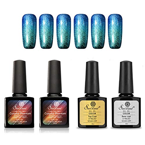 Chameleon Phantom Gel Nail Polish Set Nail Art Super Bling Gel & Black Gel & Base Coat & No-Wipe Top Coat Long Lasting Soak Off UV & Led Gel Kit 10ml