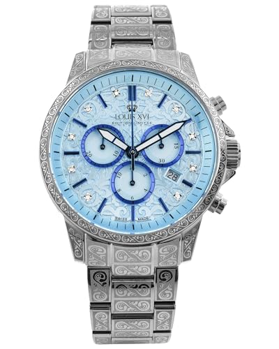 LOUIS XVI Palais Royale 2.0 1831 - Ø 43 mm - Herren Uhr - Wasserdicht - Armband Silber - Zifferblatt Baby Blue eloxé bleu mit Diamanten - Schweizer Quarzwerk