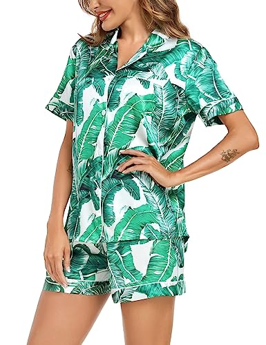 Image of SWOMOG Satin Matching Pajamas Sets Couple Silk Button Down Nightwear Women & Men Short Sleeve Sleepwear 2 Pieces Loungewear