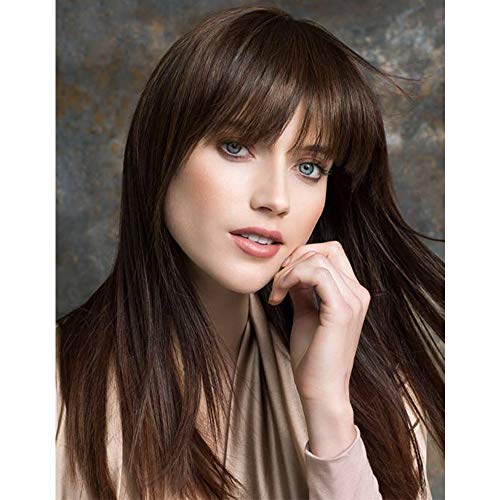 Blonde Unicorn Long Straight Human Hair Wig with Bangs Dark Brown Hair Wigs for Women