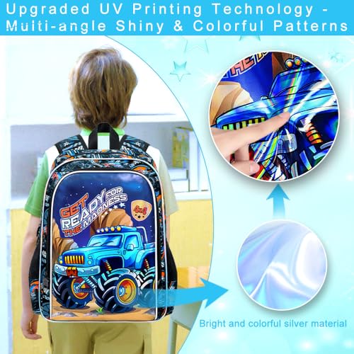 Image of HPJGD 3PCS Kids Truck Backpack for Boys, Water Resistant Bookbag Set with Lunch Box, Cool School Bag for Preschool Toddler - Blue Truck