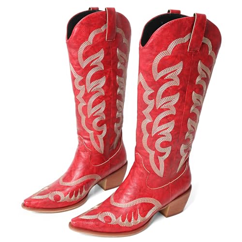 MEOTINA Cowgirl Boots Women Wide Calf Cowboy Booties Womens Square Toe Tall Western Boot Ladies Embroidered Wedding Shoes2