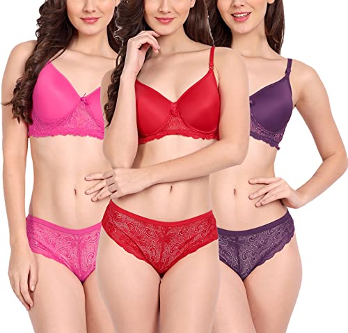 Image of FIMS - Fashion is my style Women Cotton Floral Lace Padded, Non-Wired, Full Coverage, Seamless Bra Panty Set, Multicolor, Lingerie Set