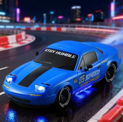 Image of RC Drift Car 1:14 Scale 4WD High-Speed Remote Control Car with LED Lights 2.4GHz Rechargeable Drift Racing Car with Extra Tires & Cones Toy for kids [Colors as Per Stock] (Mazada Rc Drift -Blue)