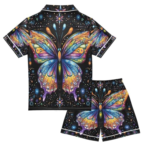 ALAZA Multi Color Butterfly Star Satin Pajamas Set Short Sleeve Button Down Sleepwear Summer Pjs 2 Piece2