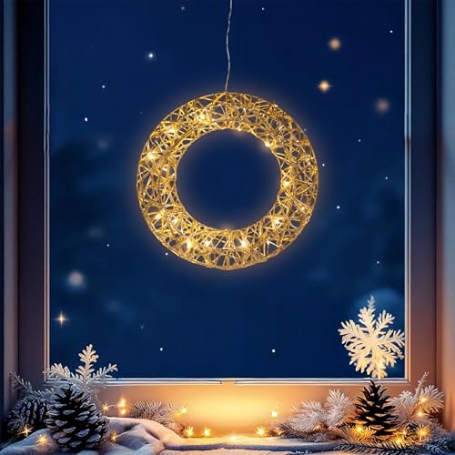 Leuchtring 30 cm mit Goldband umwickelt warm weiß mit Timer - 20 LED - Weihnachts Dekoleuchte zum Hängen Batterie betrieben - Weihnachten Stimmungslicht Advent Deko Ring beleuchtet