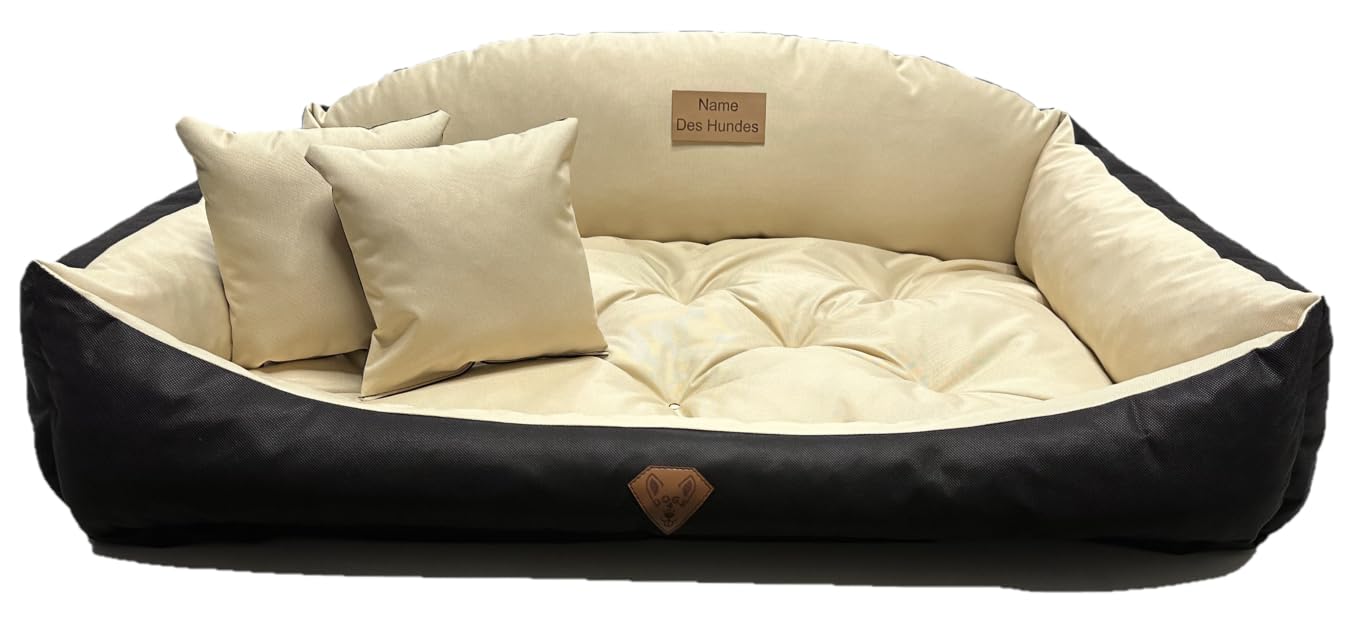 Dogs4Life Nadaje się do prania, ortopedyczne legowisko dla psa, poduszka dla psa, sofa dla małych i średnich psów, rozmiar S - XXL, możliwość personalizacji z imieniem (L, beżowe)