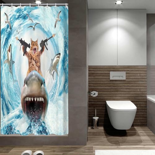 Image of Cat Shower Curtains for Bathroom, Funny Brown Cat Riding Shark Blue Ocean Theme Shower Curtain Set for Men Boys, Cute Cute Cool Blue Bath Curtain Sets with Hooks for Kids Room Decor