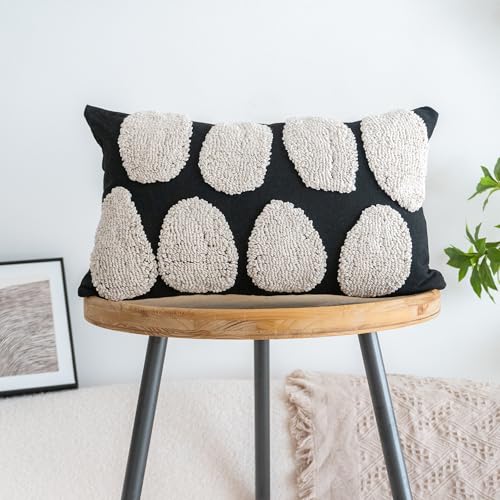 VANNCIO Black White Boho Chunky Tufted Pillow Cover Neutral Decorative Oblong Throw Pillow Case Geometric Woven Modern Sham for Bed Couch Living Room 12x20 inches 1PCS