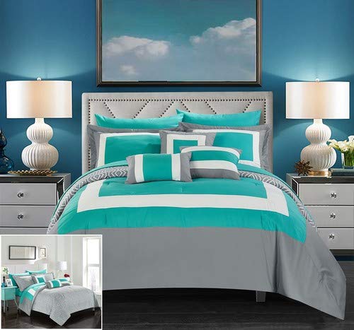 Chic HomeJake 10 Piece Comforter Set Reversible Hotel Collection Color Block Geometric Pattern Print Design Bed in a Bag Bedding – Sheets Decorative Pillows Shams Included King Turquoise