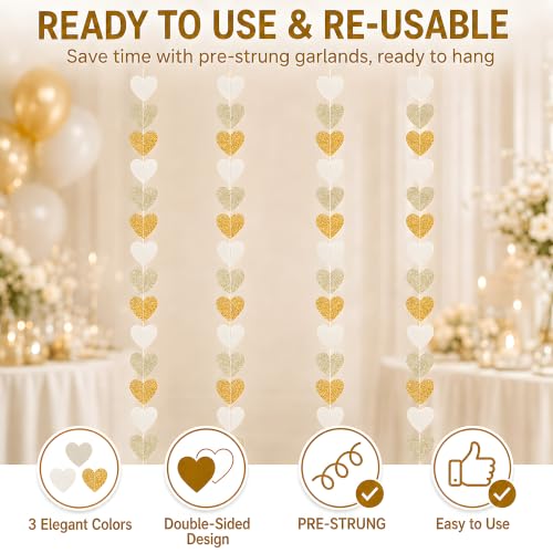 Image of Engagement Party Decorations - White Gold Champagne Heart Streamers Garland