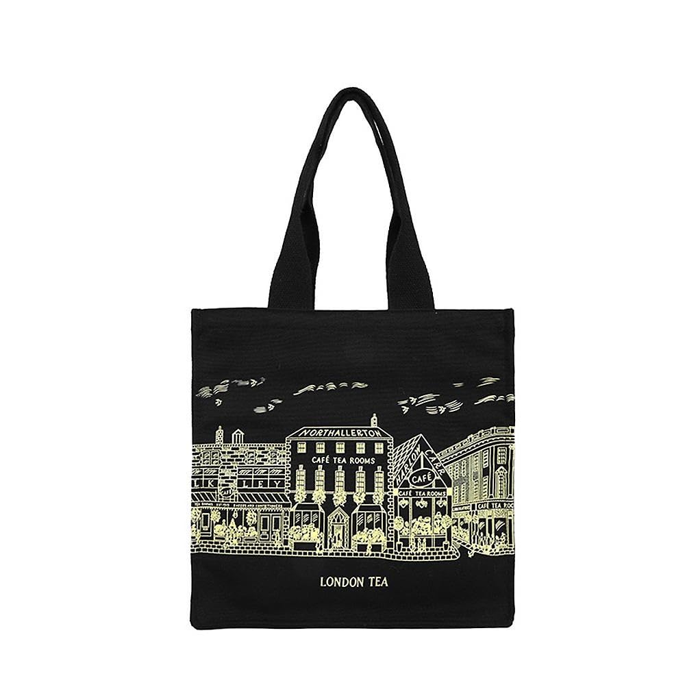 BANQLYN Women Canvas Shoulder Bag London Tea Print Shopping Bags Students Books Bags Female Cloth Handbags Thick Cotton Tote, London Tea Large Canvas Tote Bag with Pockets, Shopping Bag (Black) (B0CPT746XN) Amazon Price History, Amazon Price Tracker