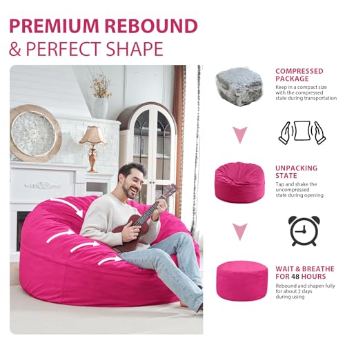 5FT Bean Bag Chair, Large Bean Bag Chairs with Memory Foam Filled, Fluffy Beanbag Sofa with Dutch Velvet Cover, Round BeanBag Chairs for Living Room, Playroom - Pink