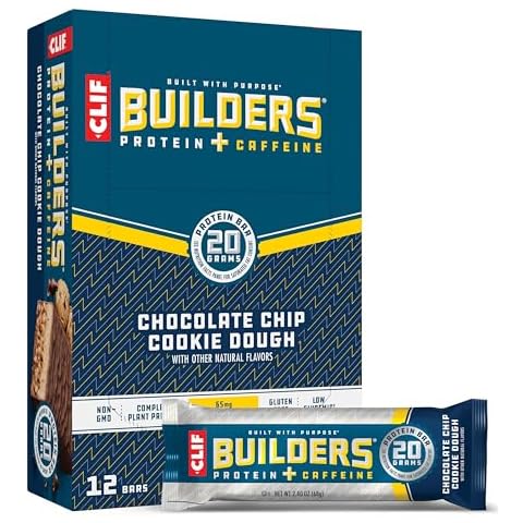 CLIF Builders + Caffeine - Chocolate Chip Cookie Dough Flavor - Plant Based Protein Bars - Gluten Free - Non-GMO - Low Glycemic - 20g Protein - 2.4 oz. (12 Count) Cover