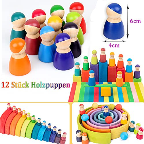 Houten peuter speelgoed 12 stuks regenboog houten poppen, houten mensen pretend spelen met regenboogstapeling speelgoed… - Image 4