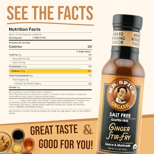 Image of Mr. Spice Ginger Stir Fry Sauce 3-Pack, Organic Salt Free, 13.5 oz Each | stir fry sauce & marinade for wok & air fryer, no salt added, low sodium, gluten free, 40.5 oz Total